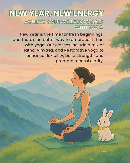 Editable “New Year, New Energy” Yoga Canva Template – Wellness & Meditation Promo Design